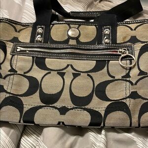Coach Black and Tan Canvas Tote with Signature Pattern